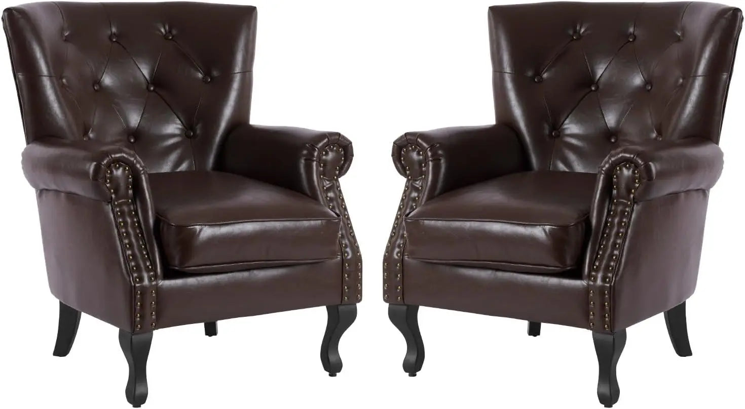 PU Leather Accent Chair Mid-Century Modern Armchair Living Room Club Chair with Tufted Button & Rivet Trim Upholstered