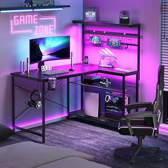 42 L Gaming Desk,Computer Desk with Power Outlets LED Lights Reversible Corner Desk with 4-Tier Shelves,Cup Holder & H