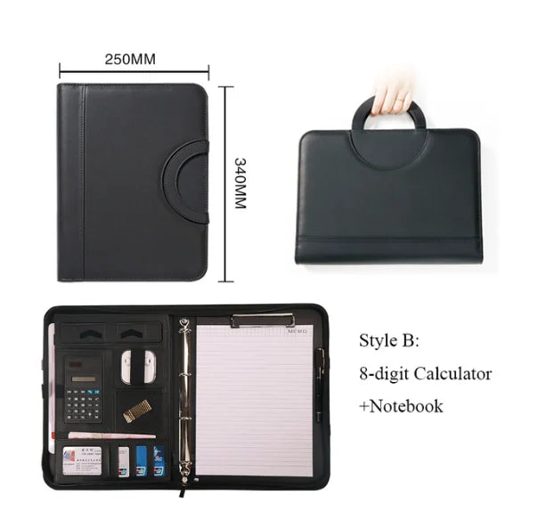 A4 Portable File Folder with Calculator Binder Organizer Manager Office Document Pad Briefcase PU Leather Padfolio Bag