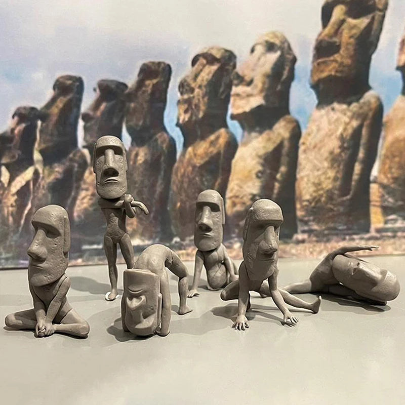 Creative Moai Statue Set Easter Island Moai Sculpture PVC Stretching Exercise Moai Decor Mini Desk Figurines Desktop