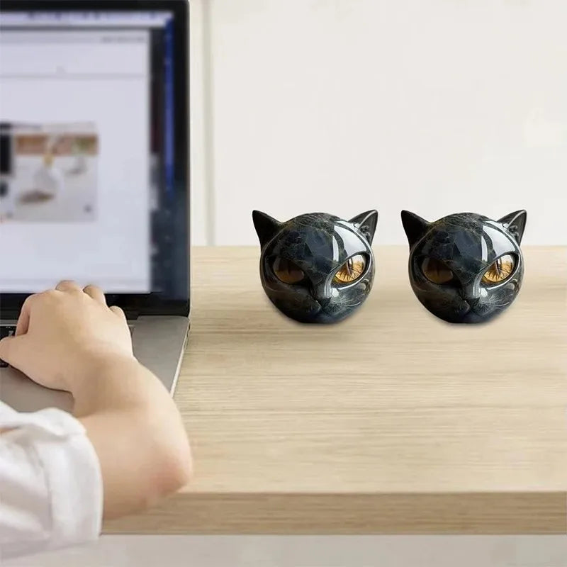 Resin Cat Head Sculpture Black Cat Stone Figurine Healing Marble Texture Memorial Gift Home Office Desk Decor Festival
