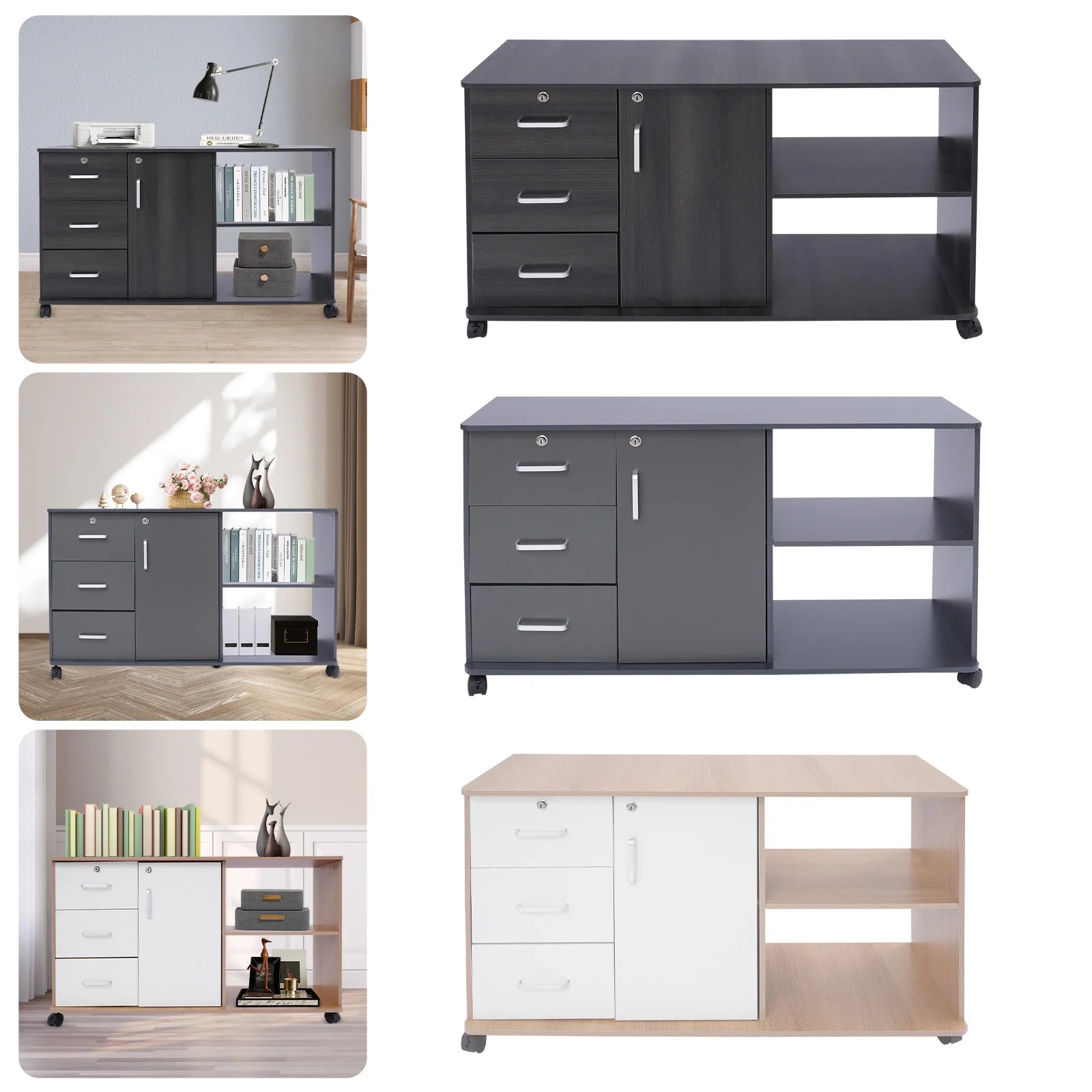 3 Drawers 1 Cabinet 2 Compartments MDF File Cabinet,Black/Wood Color/Gray Rectangular File Cabinets for Home Office