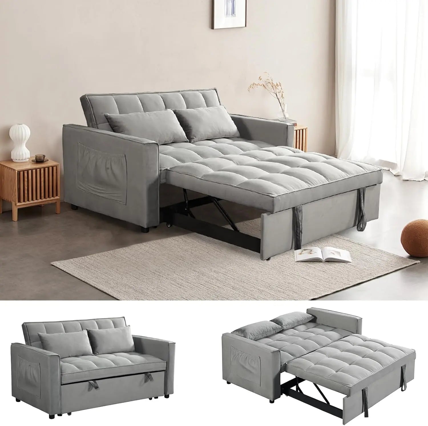 Sleeper Sofa Velvet Pull Out Sofa Bed Convertible Sofas Couch Adjustable Backrest Loveseat Sofa Couch Side Pocket