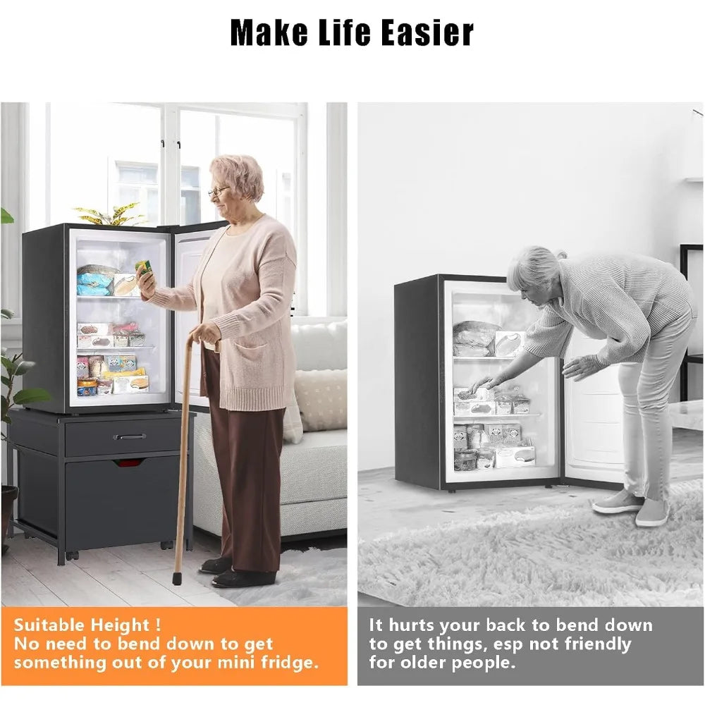 Mini Fridge Stand with Storage Heavy Duty Mini Fridge Table with Rolling Cabinet 220LBS Capacity Tabletop for Dorm