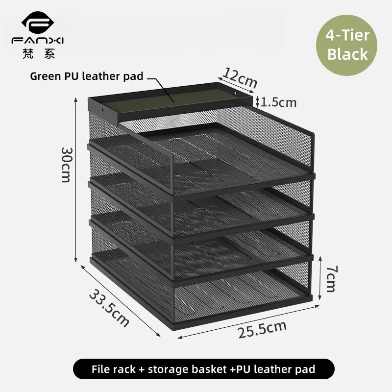 Metal File Stack Stackable Desk Organizer Office Desktop Organizer Multilayer File Tray with a Hanging Pen Holder Desk
