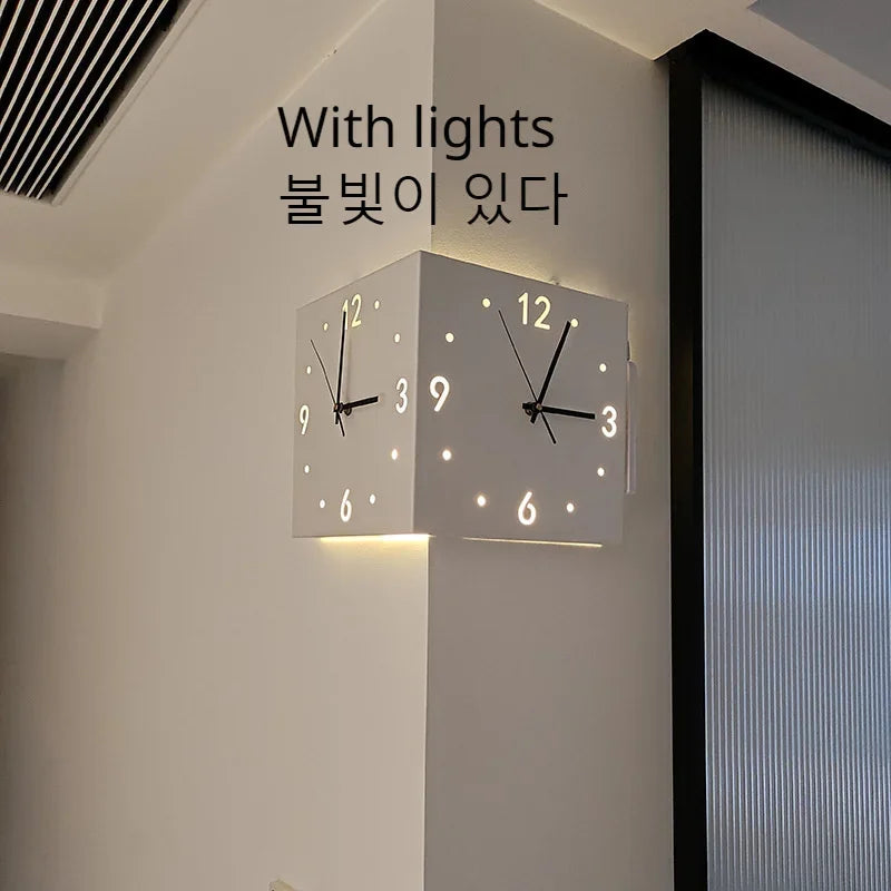 Creative Light Sensor Corner Wall Clock Square Simple Double Sided Wall Clock with Arabic Numeral Scale Analog Silent