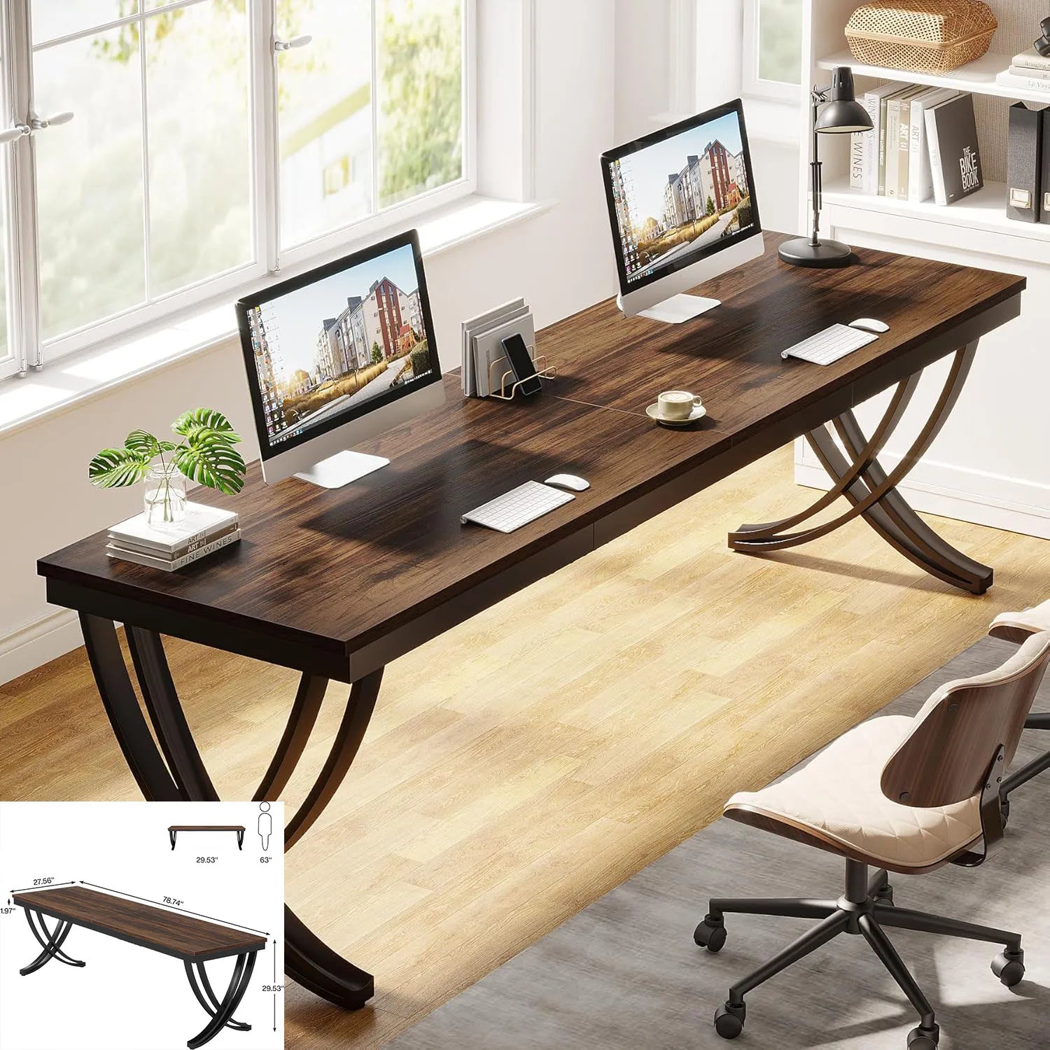 Computer Desk 200 x 60 x 82 cm Double Long Desk with 2 Drawers Office Table Work Table Office Furniture - Brown 03