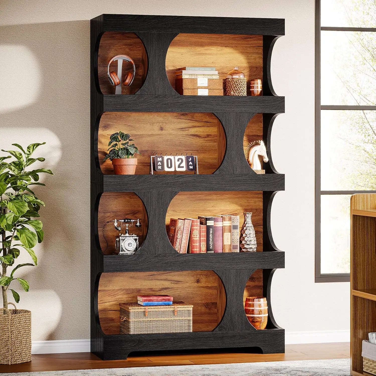 Black Bookcase Modern Bookshelf 4-Tier Freestanding Display Shelf with Classic Shape for Living Room Home Office