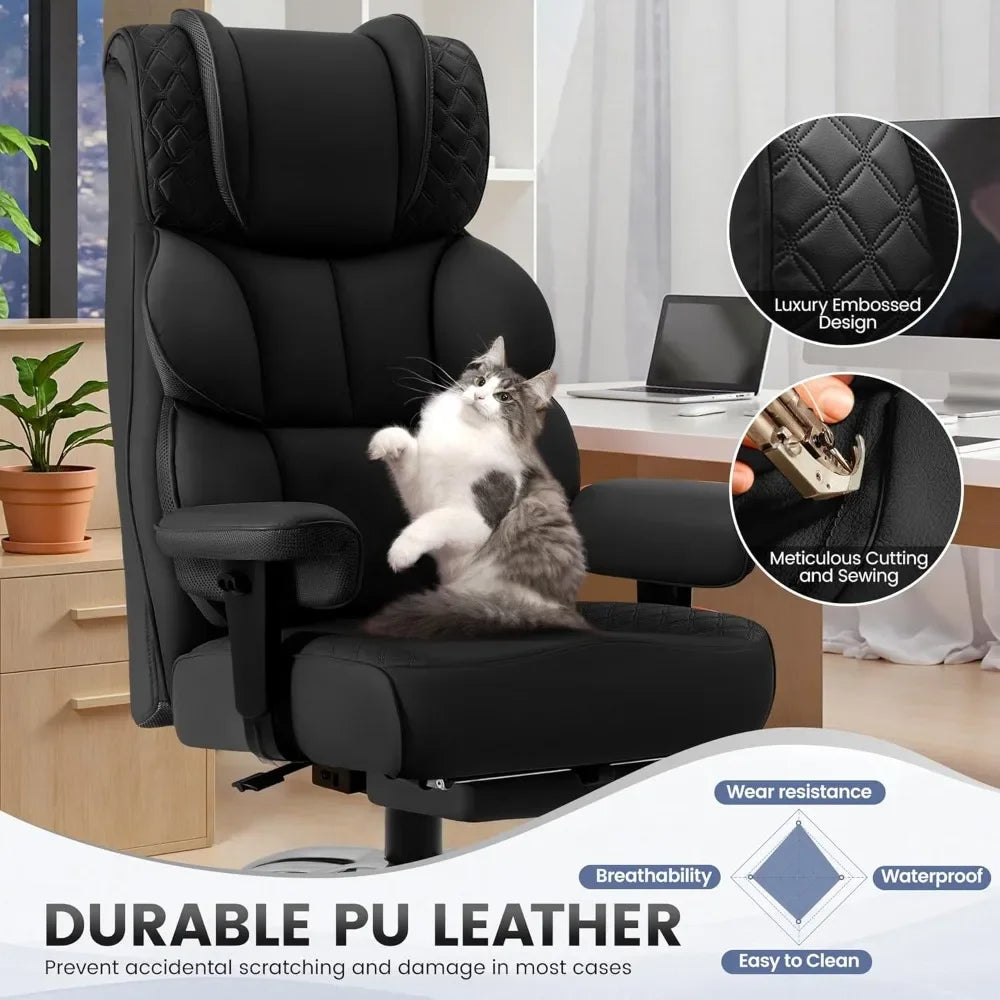 Office Desk Chair Big and Tall Leather Gaming Chair with Footrest Wide Ergonomic Comfy Executive High-Back Reclining
