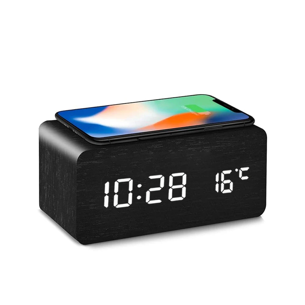 Wooden Digital Alarm Clock with Wireless Charging Temperature Display LED Desk Clock for Office Bedroom Bedside Décor