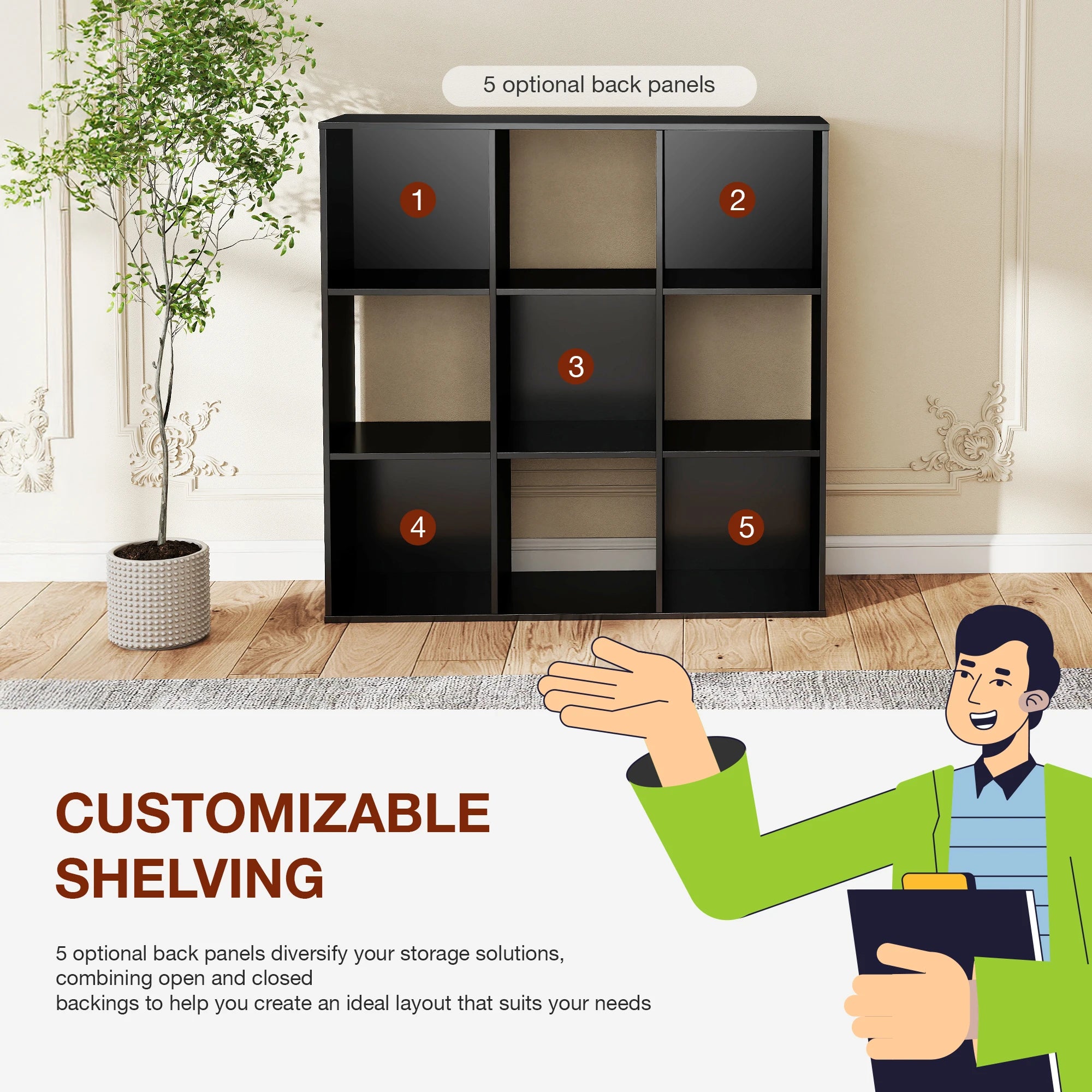 JHK 9 Cube Storage Organizer Wooden Shelf Bookcase Open Bookshelf for Living Room and Home Office Display Storage