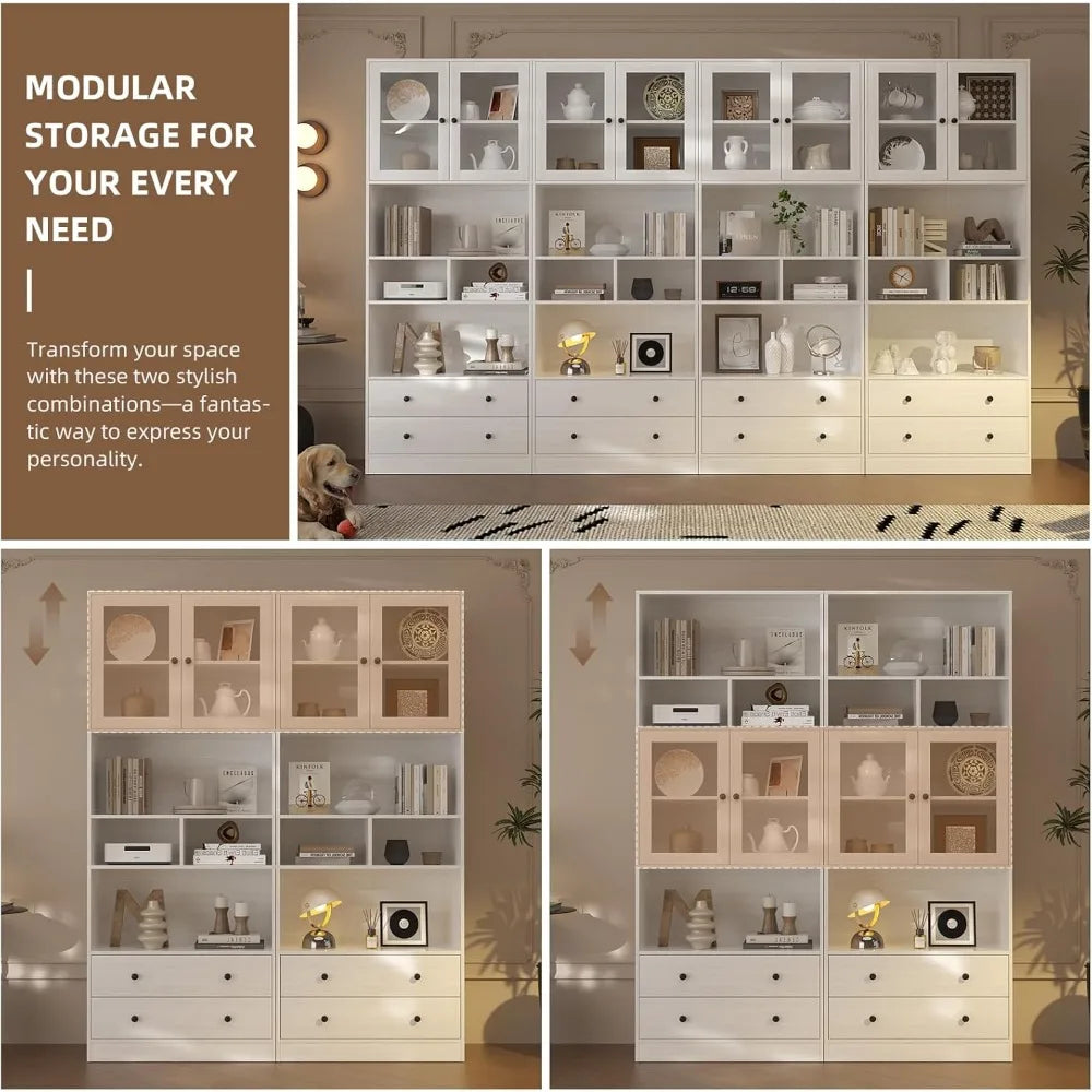 Large 7-Tier Wooden Bookshelf with Drawers Modern Storage Cabinet for Living Room Suitable for Home Use - United States