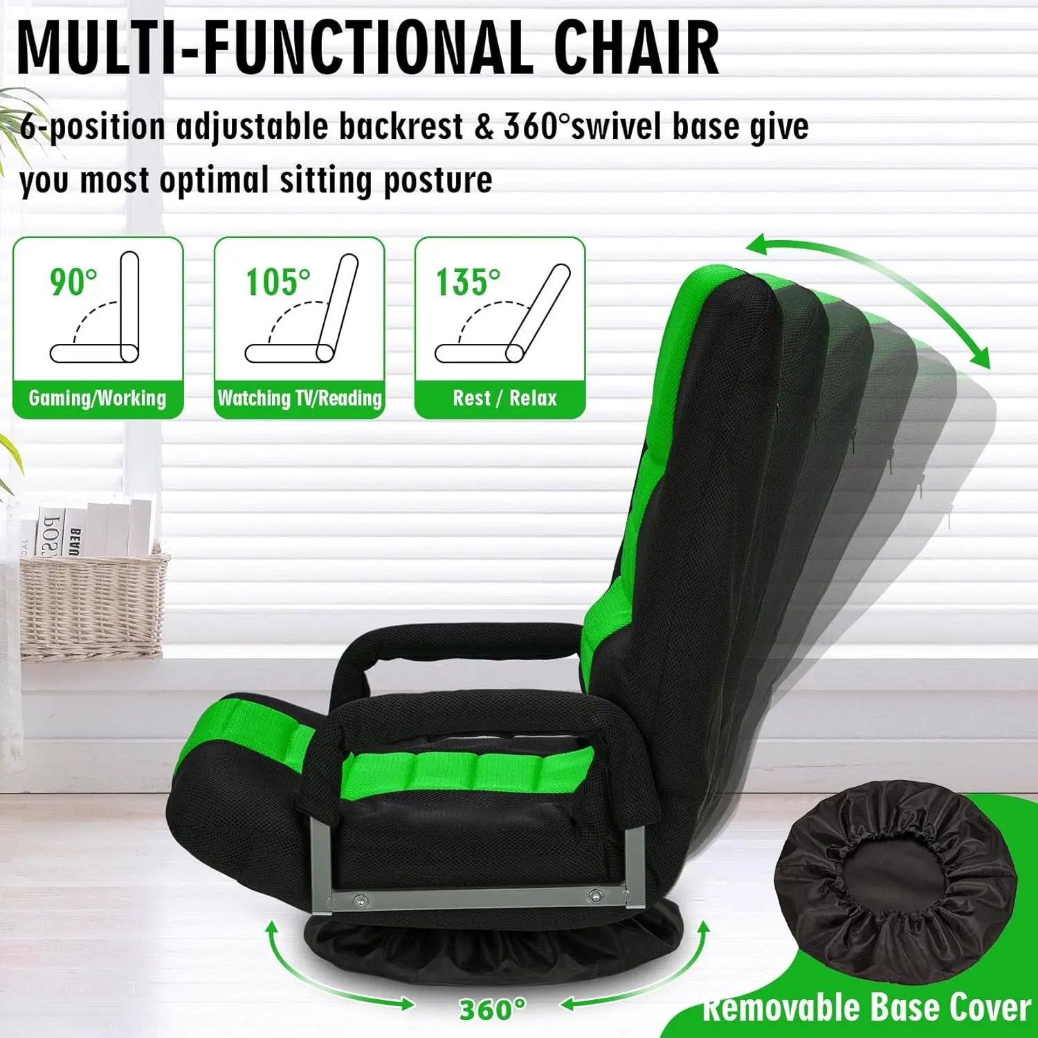 Swivel Floor Gaming Chair w/Armrests,Folding Video Reclining Sofa w/6 Adjustable Position Padded Backrest & Cushion