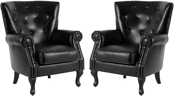 PU Leather Accent Chair Mid-Century Modern Armchair Living Room Club Chair with Tufted Button & Rivet Trim Upholstered