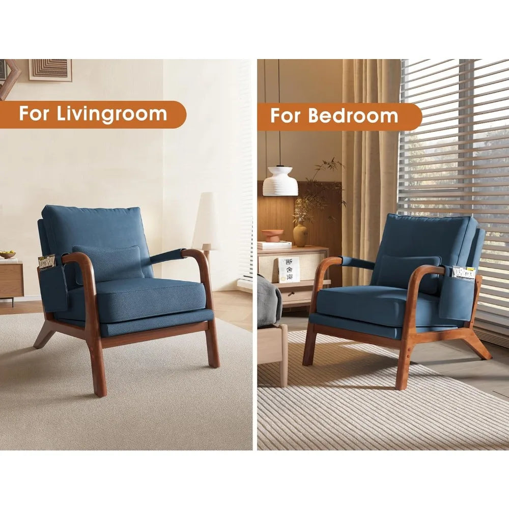 Mid Century Modern Accent Chair with Pillow & Pocket Upholstered Armchair with Solid Wood Frame & Soft Cushion