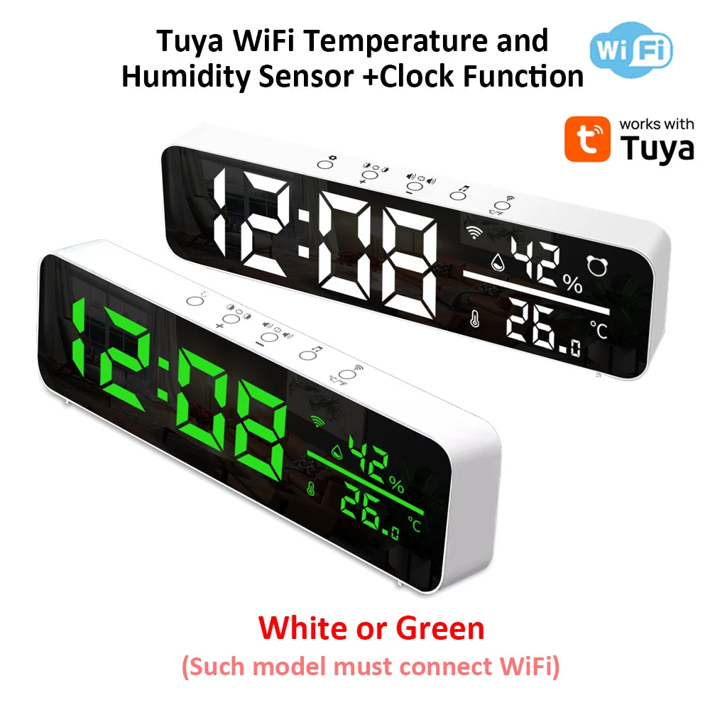Tuya WiFi LED Alarm Clock Support Temperature Humidity Sensor Time Display USB Desktop Mirror Clocks for Living Room
