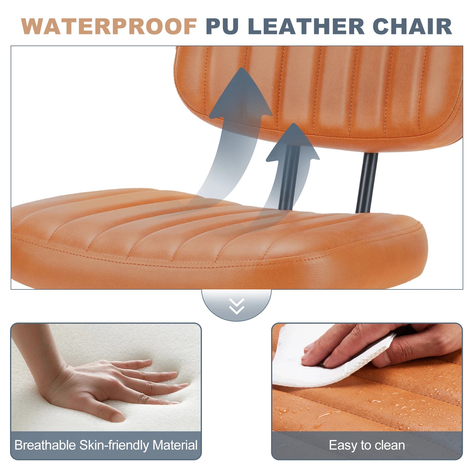 JHK Armless Office Desk Chair Back Lumbar Support Height Adjustable PU Leather Computer Chair with 360° Swivel Rolling