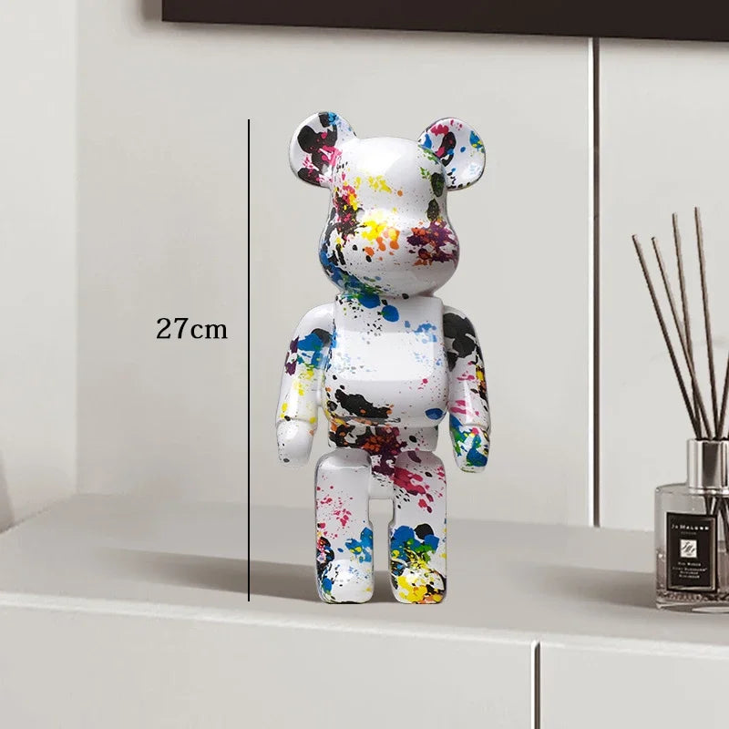 27cm Graffiti Bear Statue Paint Block Bear Decor Resin Desktop Ornaments Home Decoration Living Room Bear Floor