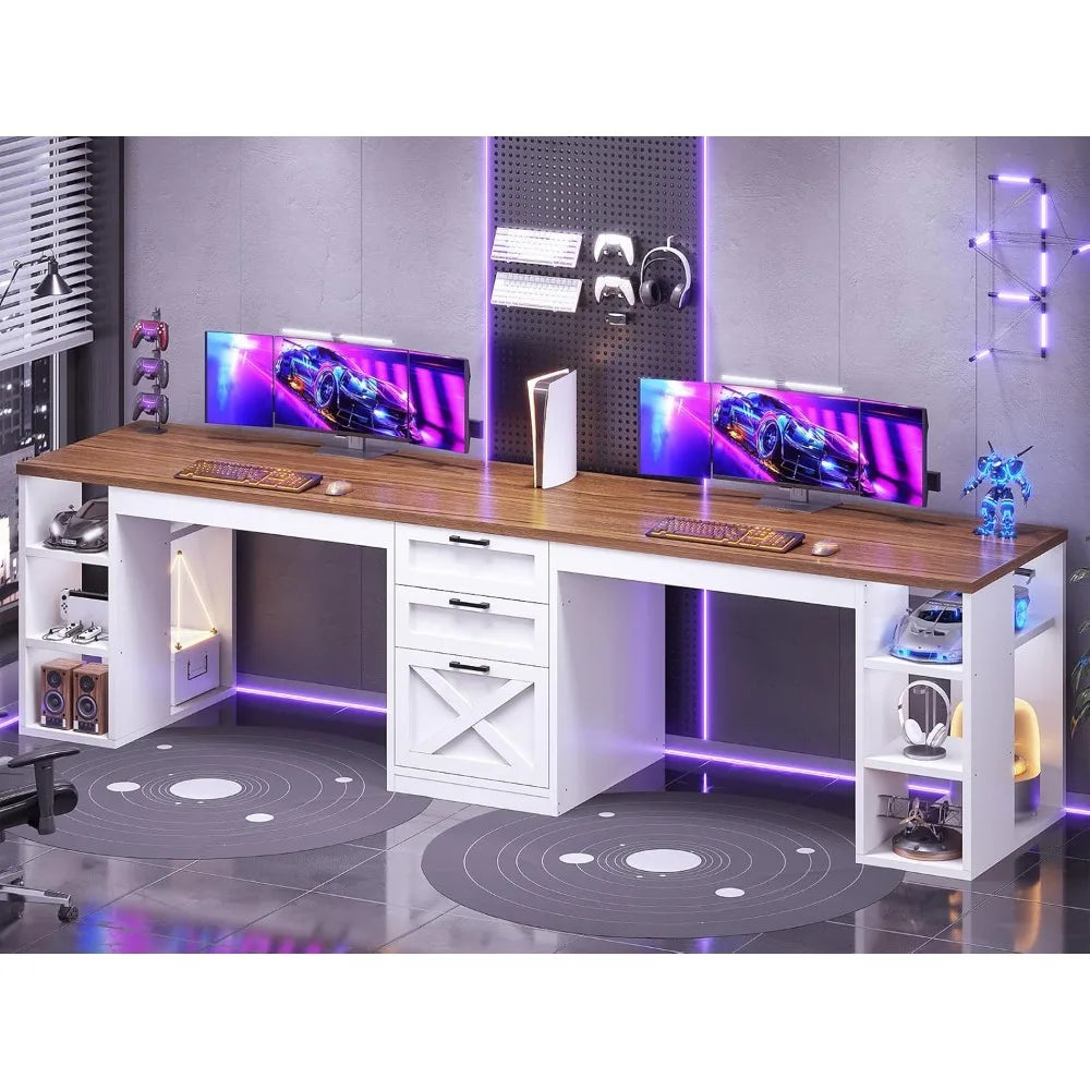 Farmhouse 96.5 computer desk with drawers 2-person home office desk gaming double table with storage rack - United