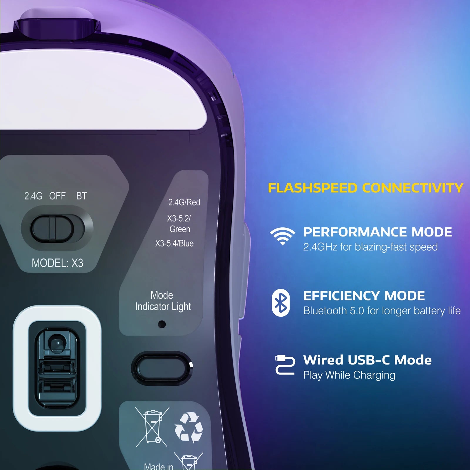 ATTACK SHARK X3 Wireless Gaming Mouse,49g Ergonomic PC Mouse,Triple Modes PAW3395 26K DPI Optical Sensor,Programmable