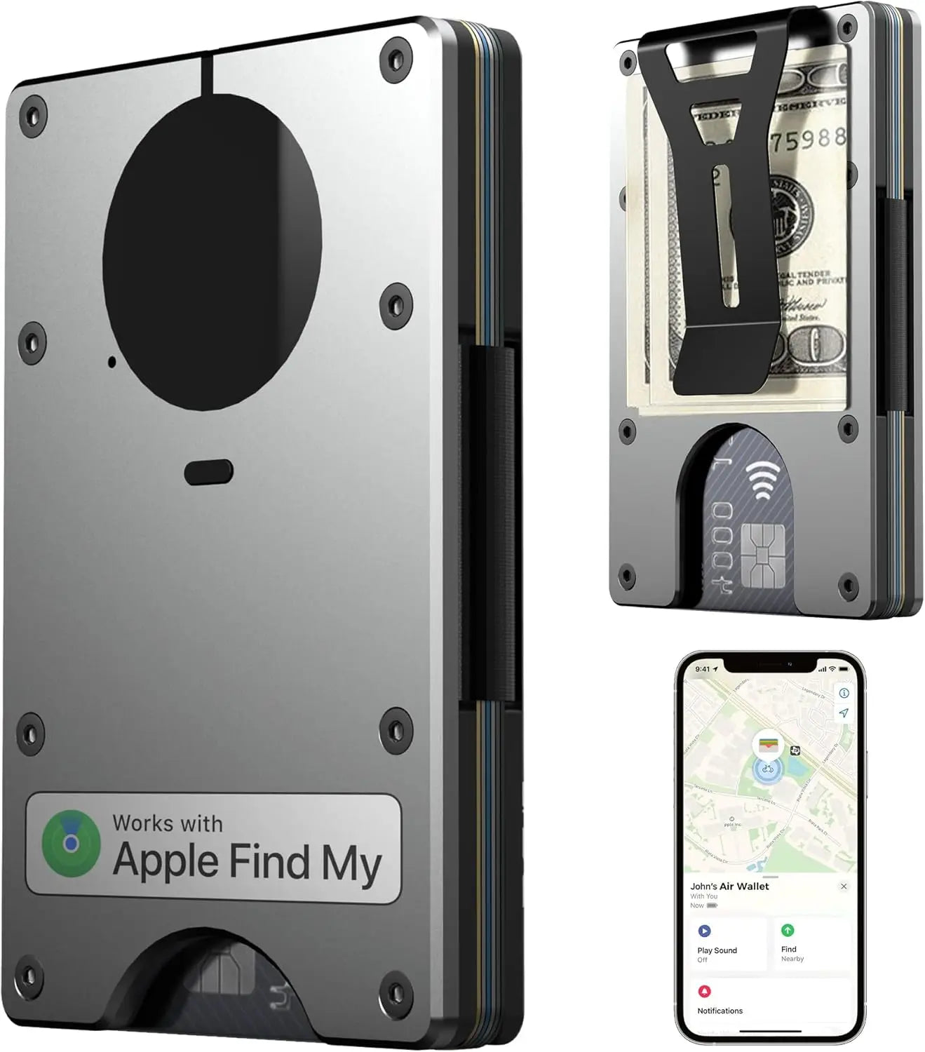 RFID Blocking Credit Card Holder Slim Wallet For Men Compatible with Find My iOS Only Detachable Money Clip - GRAY