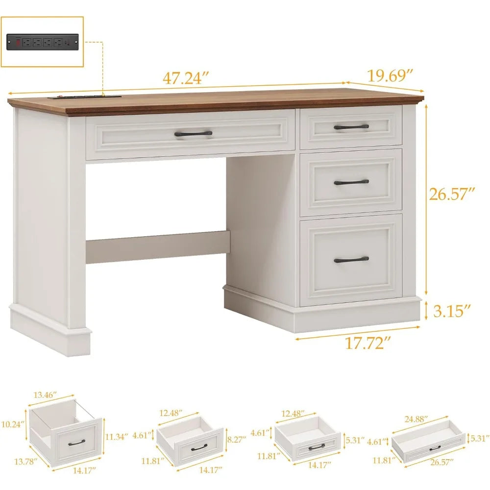 Farmhouse 47’’ Executive Desk Computer Desk with Drawers and File Drawer Workstation Computer Desk with Charging
