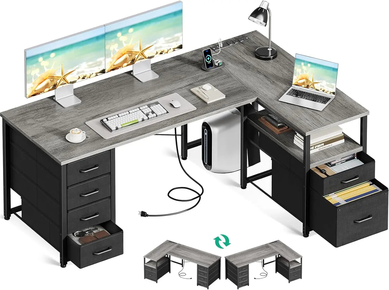 L Shaped Computer Desk with 6 Drawers & Power Outlet 55 Inch Corner Desk with Reversible Storage Shelf & File Drawer