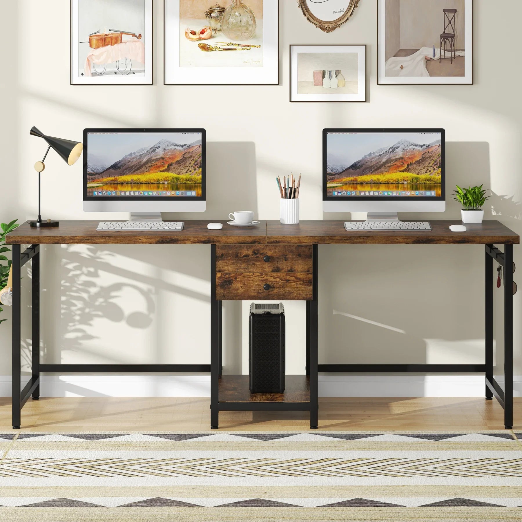 Tribesigns 78.74’’ Two Person Desk with 2 Drawers Long Double Computer Desk Gaming Table with Shelves