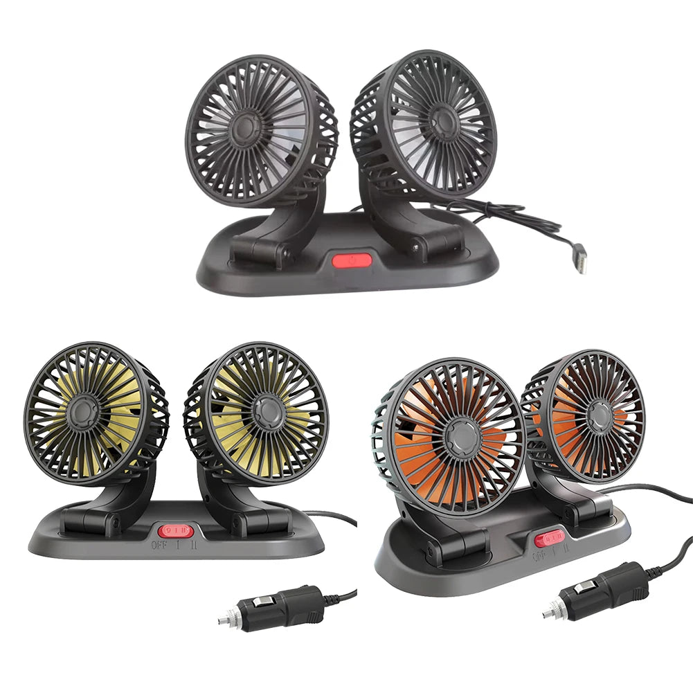 5/12/24V Auto Cooler Dual Head Mini Automobile Vehicle Fan 360 Rotatable 2 Speed USB for Car Truck SUV RV Cranes