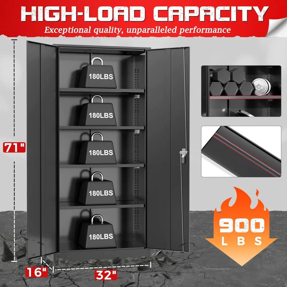 Metal Storage Cabinet with Lock 71’’ Tall Black Garage Cabinet with 2 Doors & 4 Adjustable Shelves Lockable Steel File
