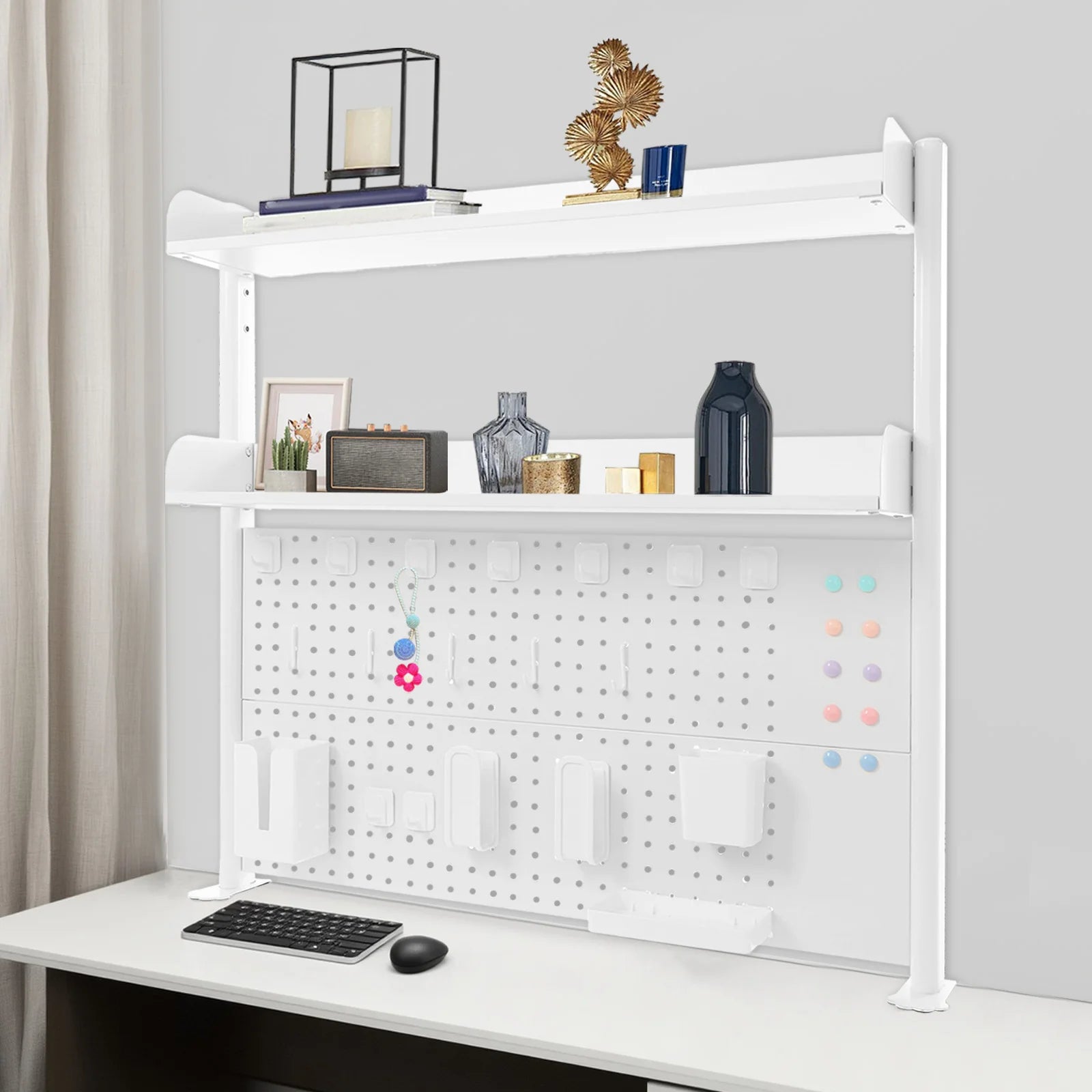 Countertop Clip-on Bookshelf 2 Tier Multipurpose Steel Frame Organizer with Pegboard Storage Space Saving