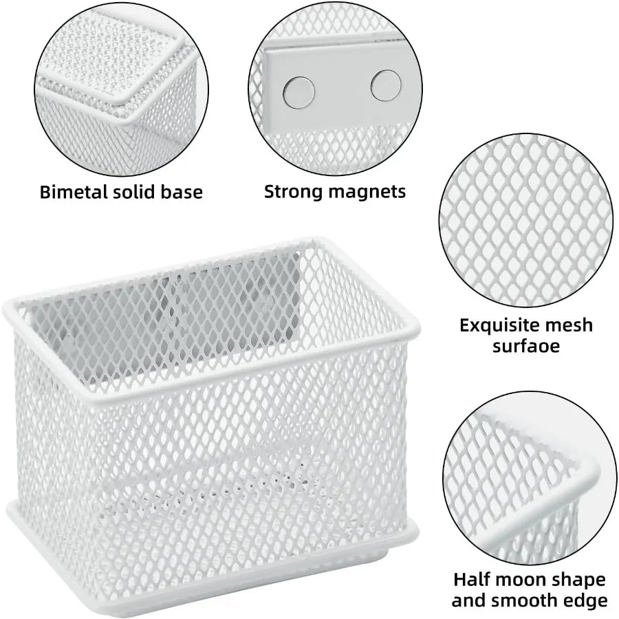 2 Pack Pen Holder 3.45x2.3x2.6inch Magnetic Basket Locker Organizer Metal Mesh Pencil Memo Holder for Whiteboard Fridge