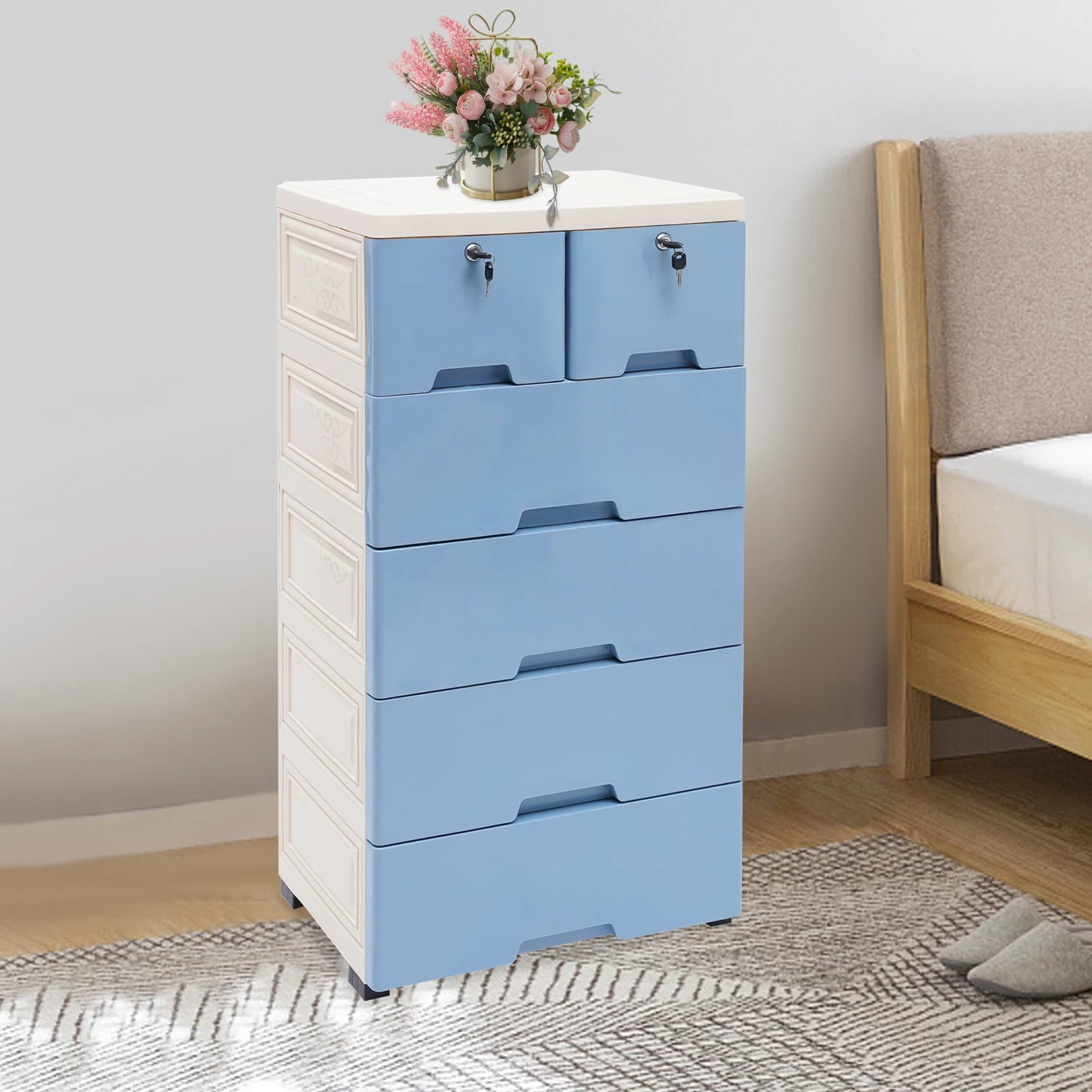 Drawer Cabinet Blue with 4 Wheels and 4 Keys PP Material Modern Simple Rectangle Storage Cabinet Organizer for Bedroom