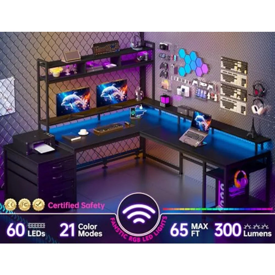 64 x 60 Inches L Shaped Desk with Hutch and Drawers Reversible Corner Computer Desk with Monitor Shelf Two Person Desk