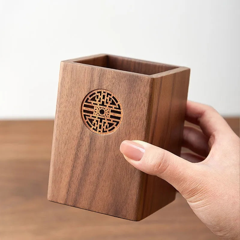 1pcs Solid Wood Multifunctional Pen Holder - Retro Desktop Organizer with Engraving Office Storage Box for Pencils