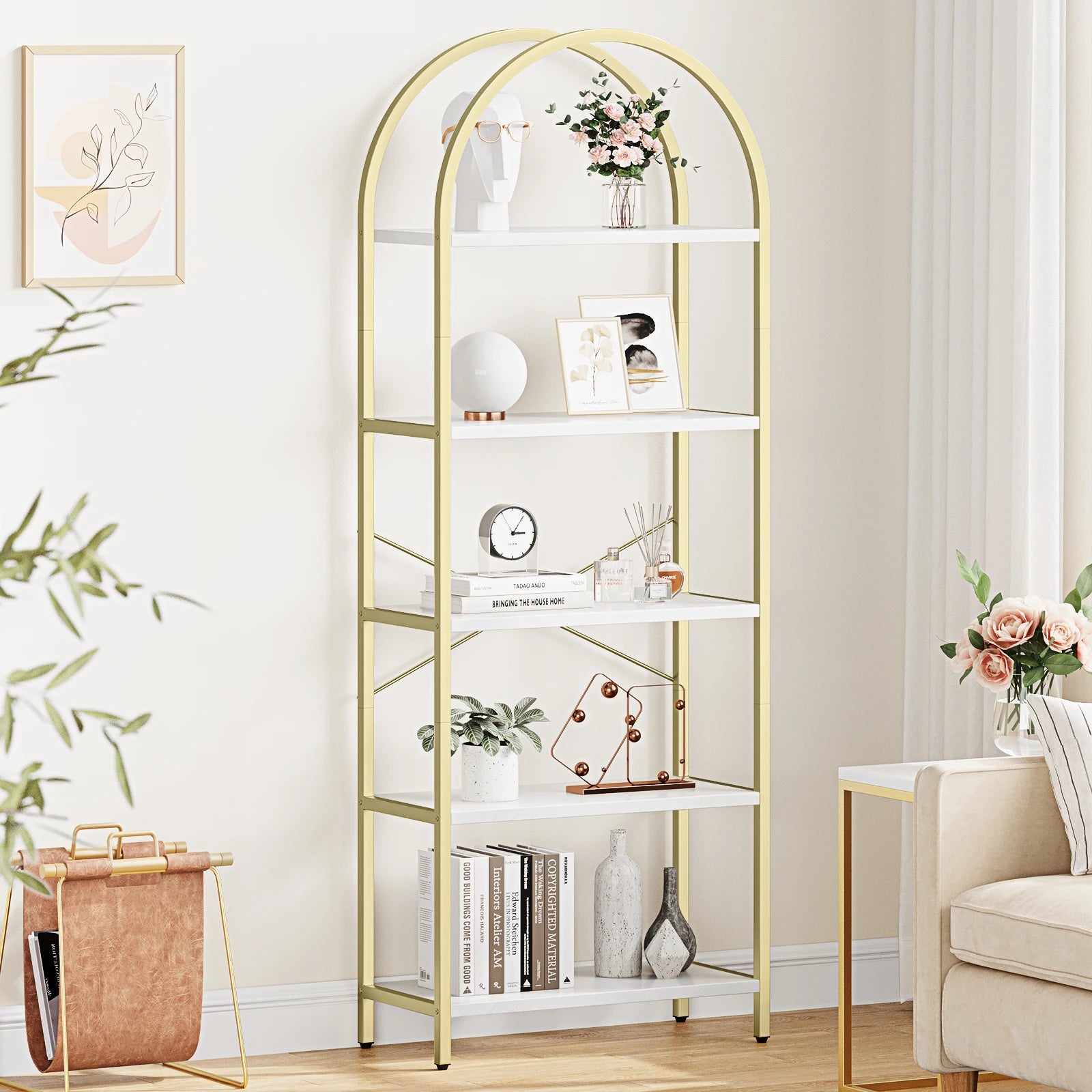 5 Tier Bookshelf Arched Display Shelves Tall Standing Bookshelves Metal Frame Modern Storage Rack Shelf Large Wooden