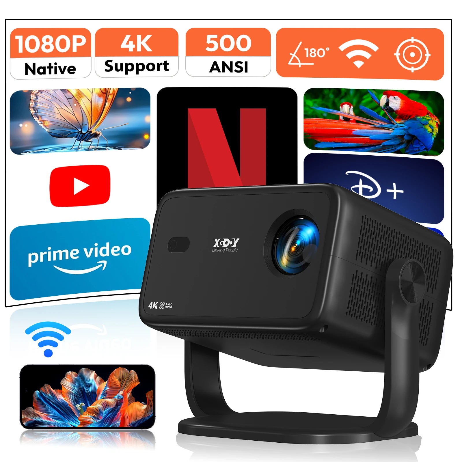 XGODY 4K Native 1080P WiFi6 Android Projector 18000lumen Voice Control AI Auto Focus HD Home Theater Cinema