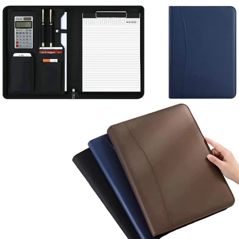 Multifunctional A4 Leather Conference Portfolio Folder for Document Organizer Zippered Man Executive Folder Briefcase