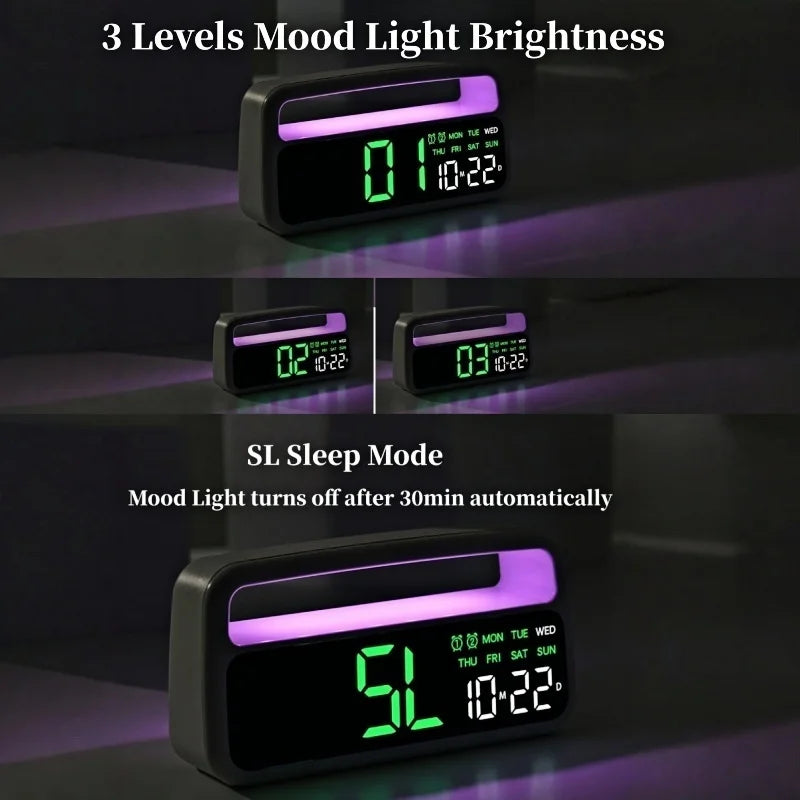 Digital Alarm Clock with 8 Colors Changing Mood Light Date Week DST Snooze Table Clock Auto Dimmable Sleep Mode 12/24H