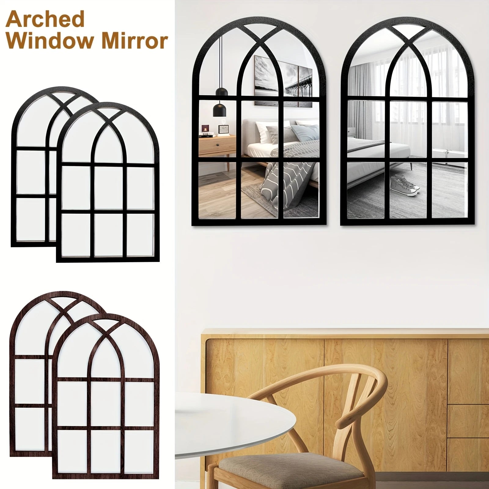 2pcs16in Retro Arched Wooden Frame Acrylic Double-Deck Wall Mirror Art Decor Home Living Room Bedroom Office Decor