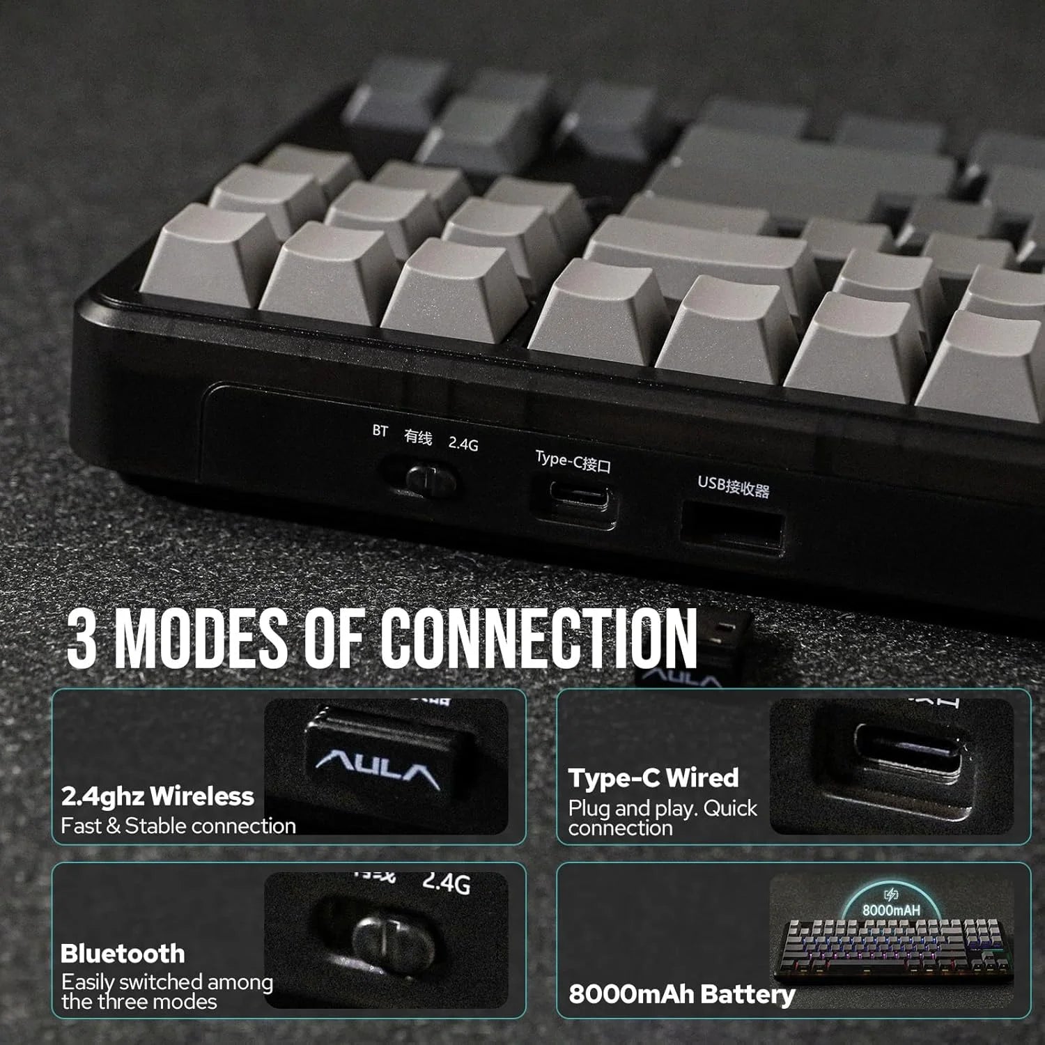 AULA F87 Pro Mechanical Keyboard 3 Mode 2.4G/USB/Bluetooth Tri Mode Wireless Gaming Keyboard 87 Key Hotswap RGB Gasket