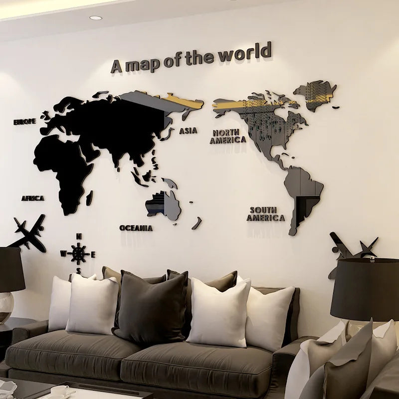 Nordic World Map Acrylic 3D Wall Decal Office Study Living Room Sofa Background Wall Decoration