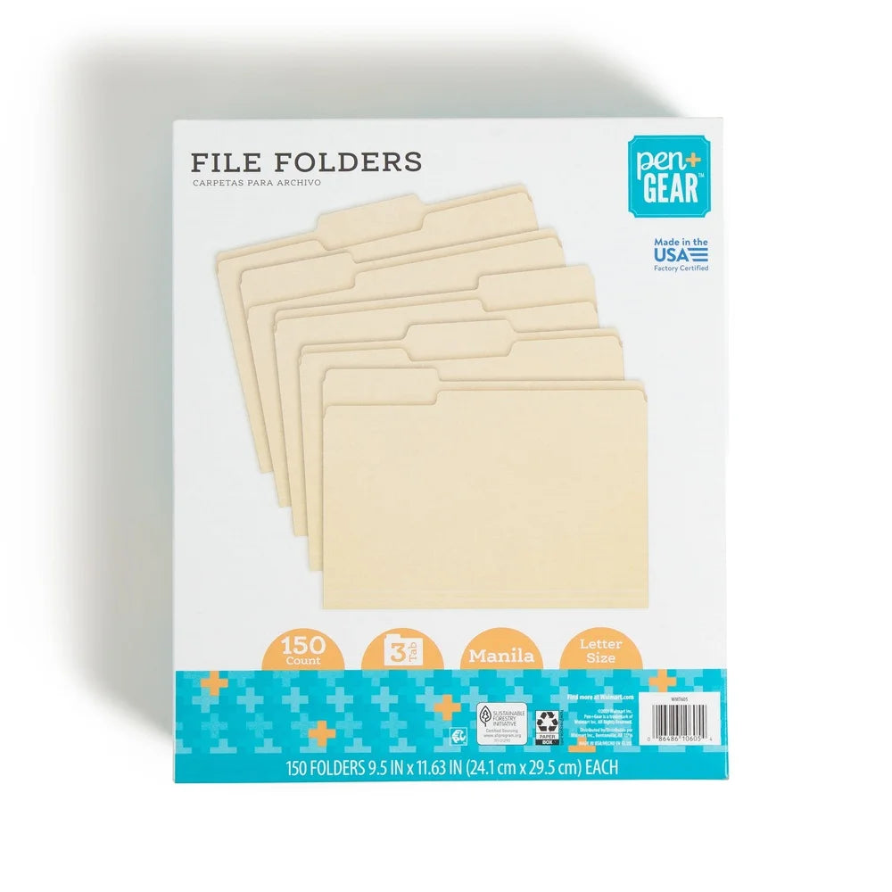 Letter Size Manila File Folders 150 Count 1/3 Cut Organizing Tabs Document Storage Office Supplies File Organization