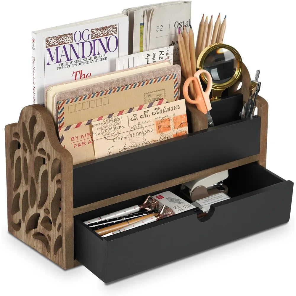 desk organizer with drawer wood file office mail organizer countertop-5 slot tabletop storage pen organizer letter