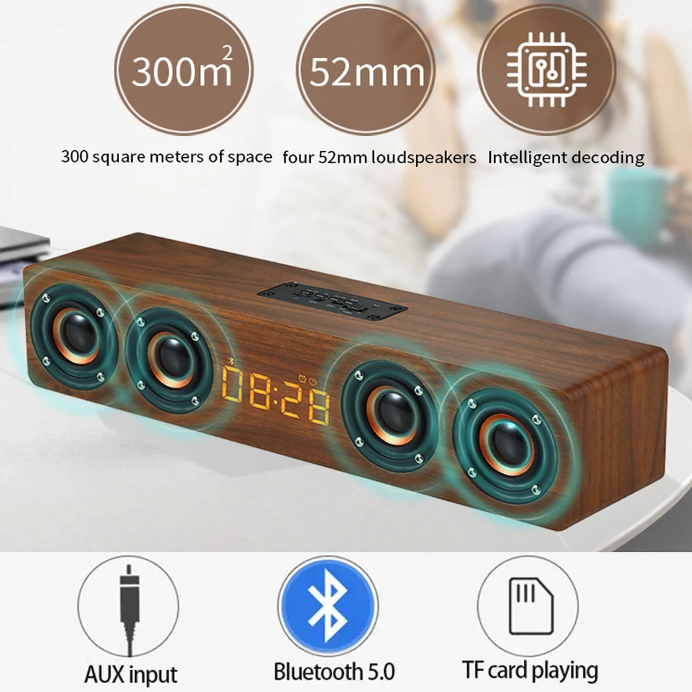 Rechargeable Wooden Alarm Clock with Bluetooth Soundbar Subwoofer Speaker and FM Radio for Home or E-sport Game Room