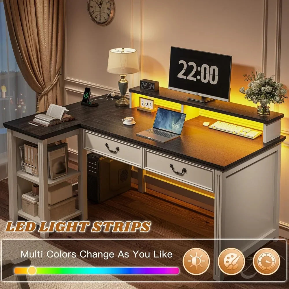 55’’ L Shaped Farmhouse Desk with Drawers Sturdy & Durable Computer Desk with Power Outlets & LED Lights - Black white