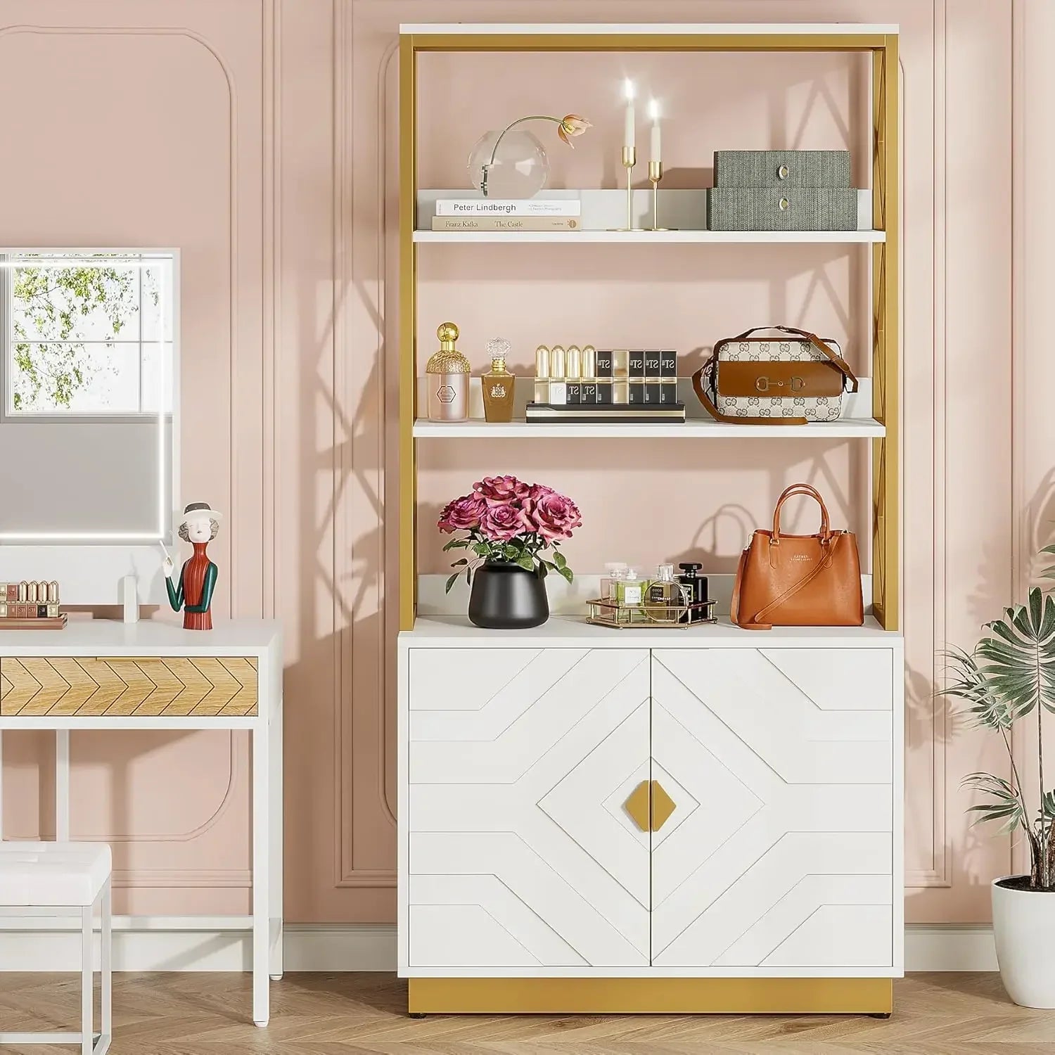 White and Gold Bookshelf with Doors: 70.9 Inches Tall Etagere Bookcase Set of 2 Modern Open Display Book Shelves