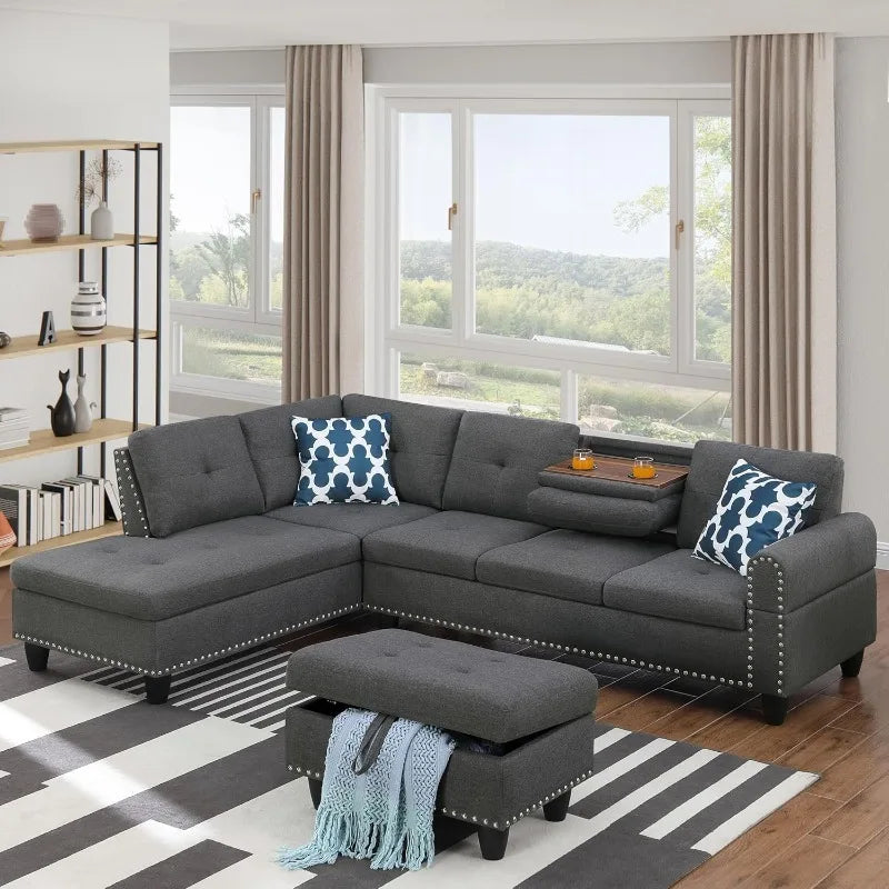 4 Seat Linen Upholstered Sectional Sofa Set 3 PCS W/Cup Holders & Coffee Table,for Home,Office,Dark Gray - Gray