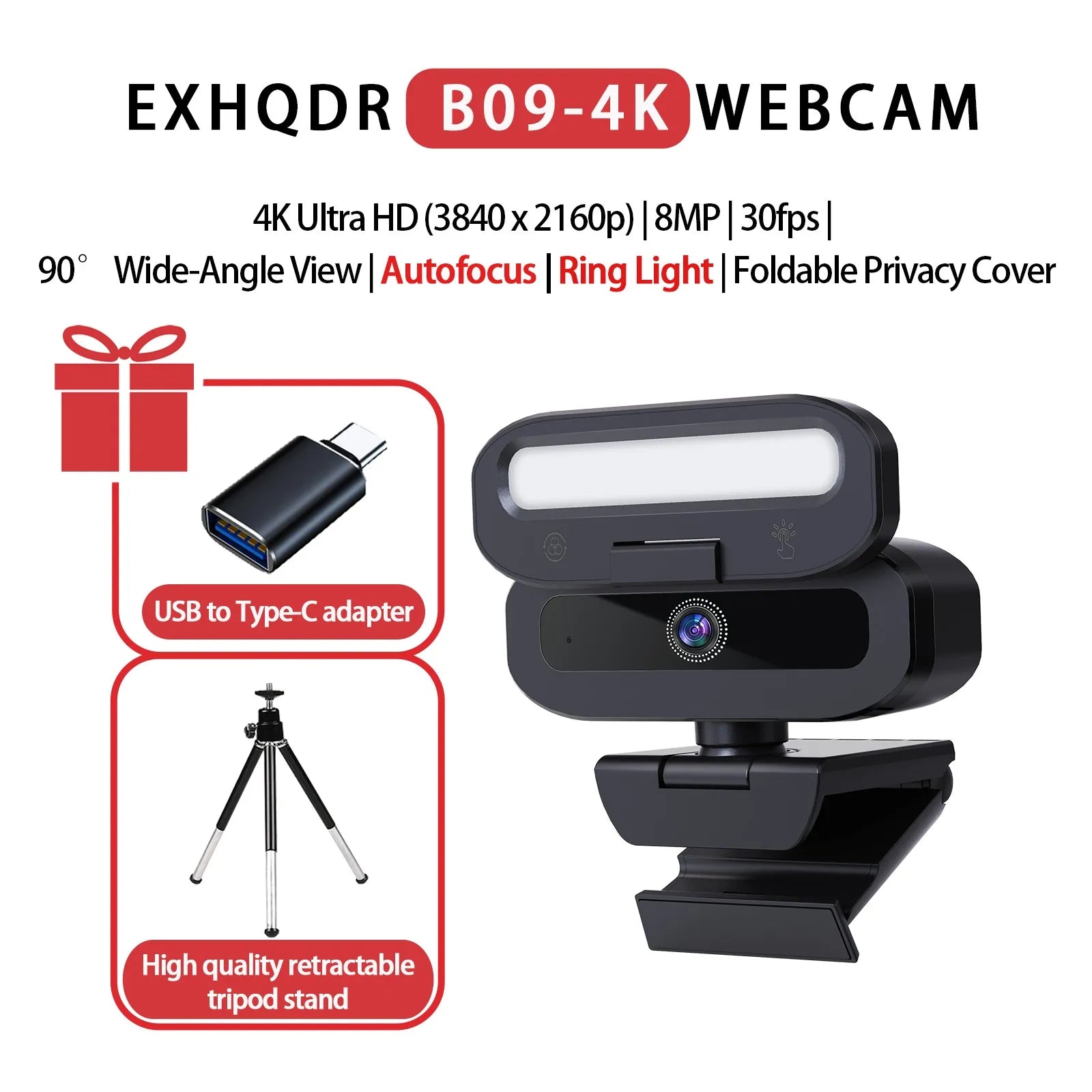 USB Webcam with 3-Color Fill Light|4K Ultra HD Camera|Tripod Stand&Type-C Adapter|Gift Box