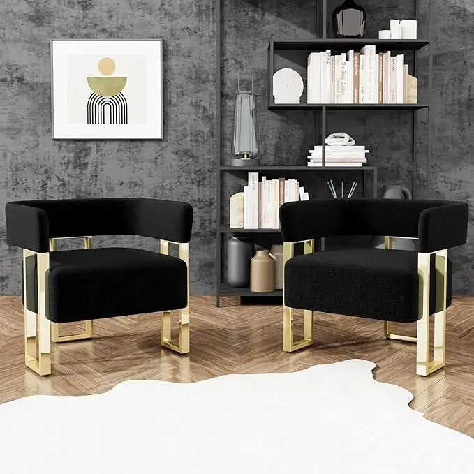 Modern Black and Gold Accent Chair Set of 2 Boucle Bucket Chairs Set of 2 Arm Chairs for Living Room Bedroom (2 Black)